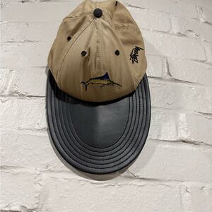 Stussy Vintage Tan and Black Cap with Long Bill and Embroidered Marlin